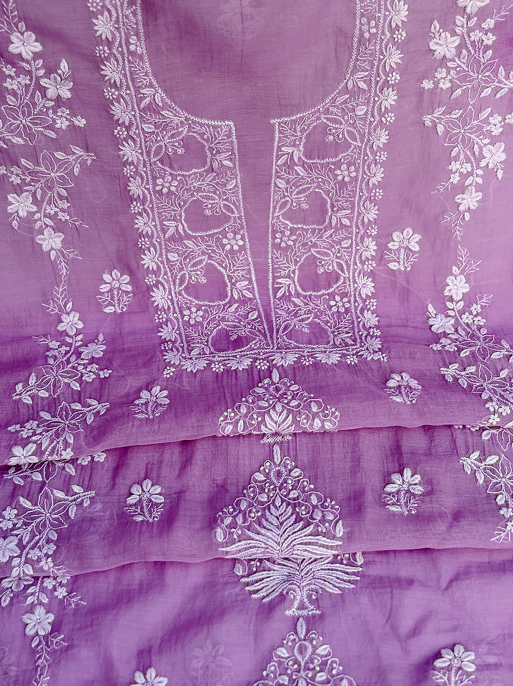 Unstitched chikankari kurti fabric with classic embroidery motifs and coordinated dupatta