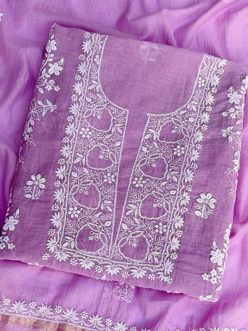 Chikankari embroidered kurti piece with dupatta featuring traditional floral and vine patterns
