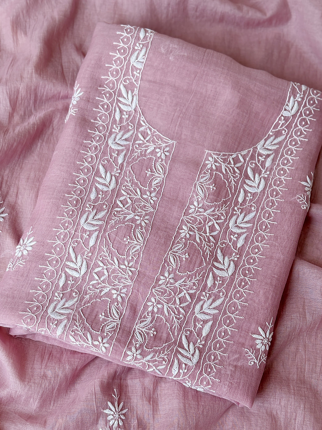 Mul chanderi unstitched chikankari kurti fabric set with intricate handcrafted embroidery and soft dupatta ideal for breathable ethnic wear
