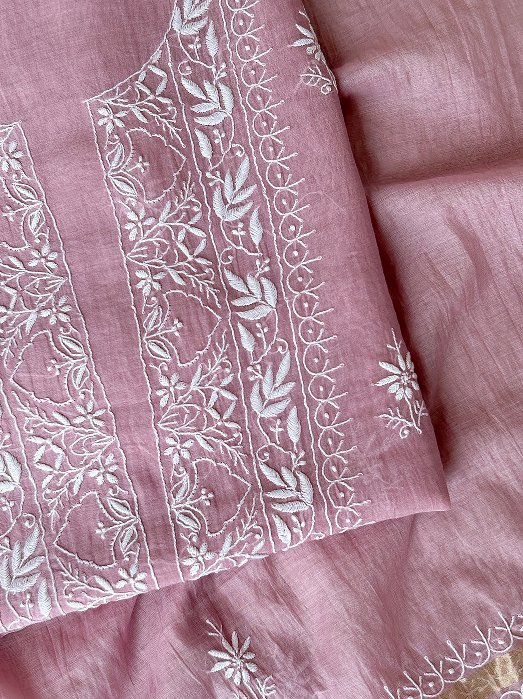 Traditional unstitched chikankari kurti material in mul chanderi featuring detailed front panel embroidery and coordinated dupatta