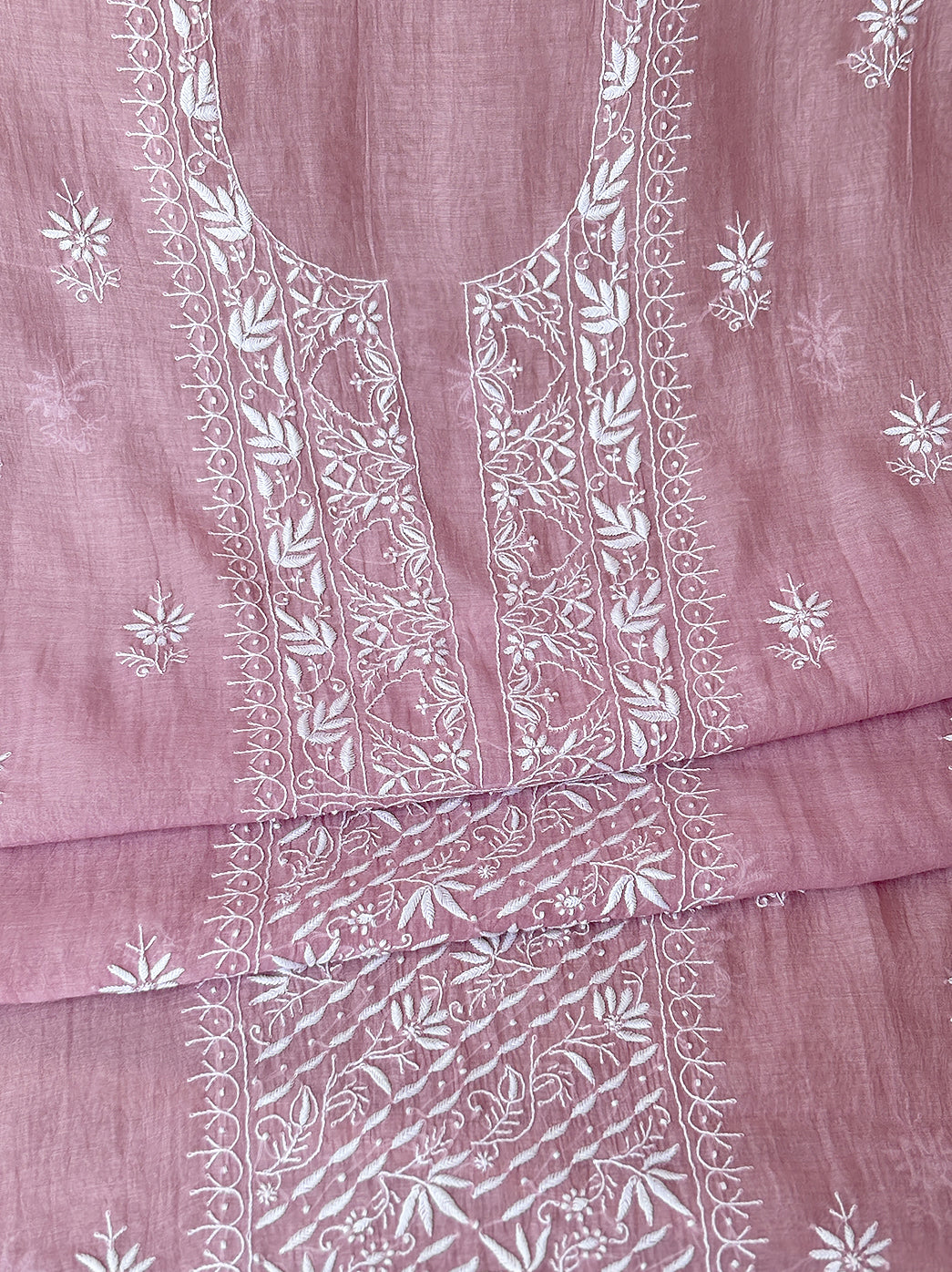 Hand embroidered chikankari unstitched kurti fabric in mul chanderi with delicate motifs and soft flowing dupatta for comfort wear