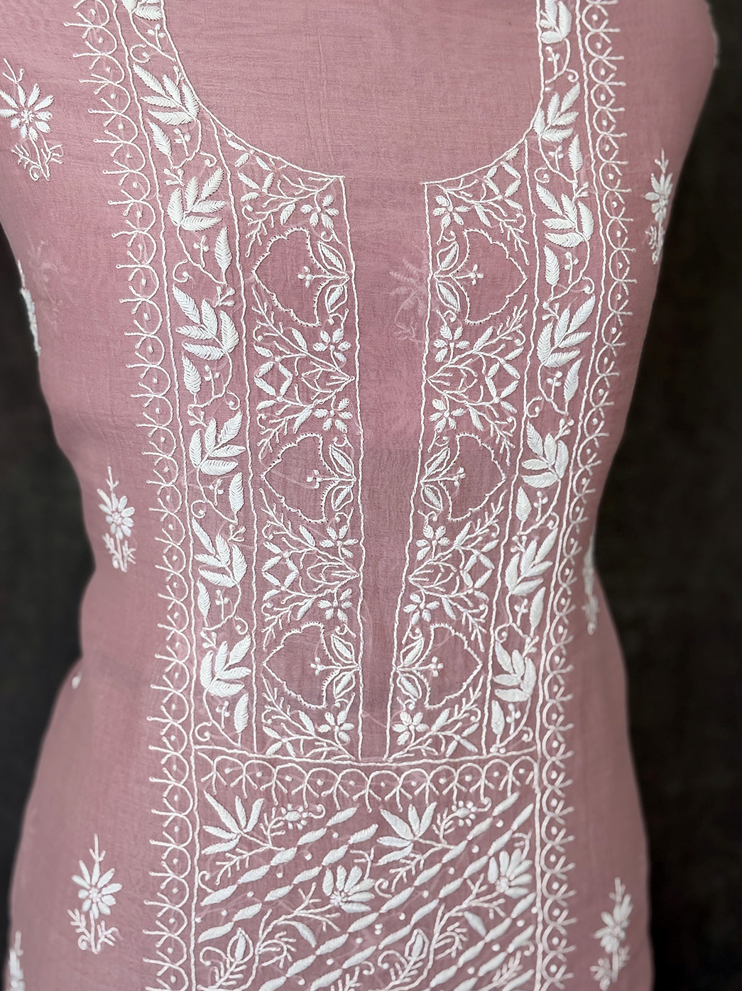 Premium mul chanderi chikankari unstitched kurti piece showcasing artisan embroidery and matching dupatta for custom tailored outfits