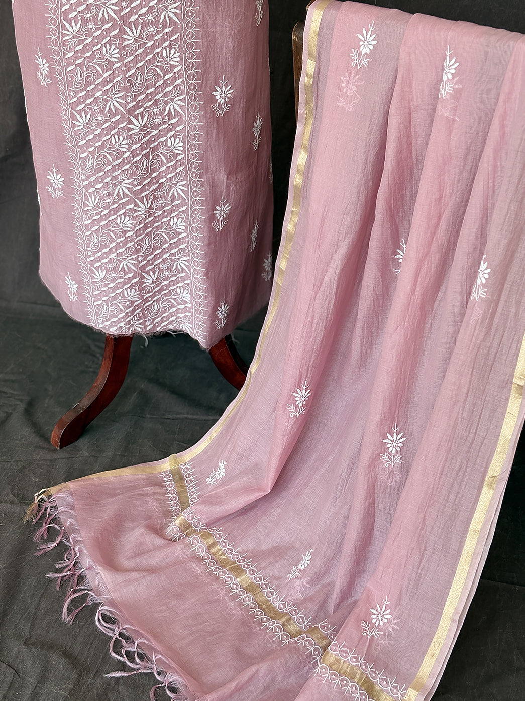 Designer mul chanderi chikankari unstitched kurti set with traditional lucknowi embroidery patterns and matching dupatta