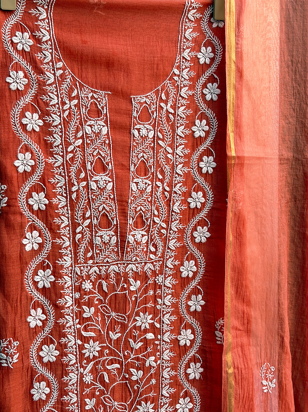 Artisan made chikankari kurti fabric with dupatta highlighting classic Indian embroidery techniques