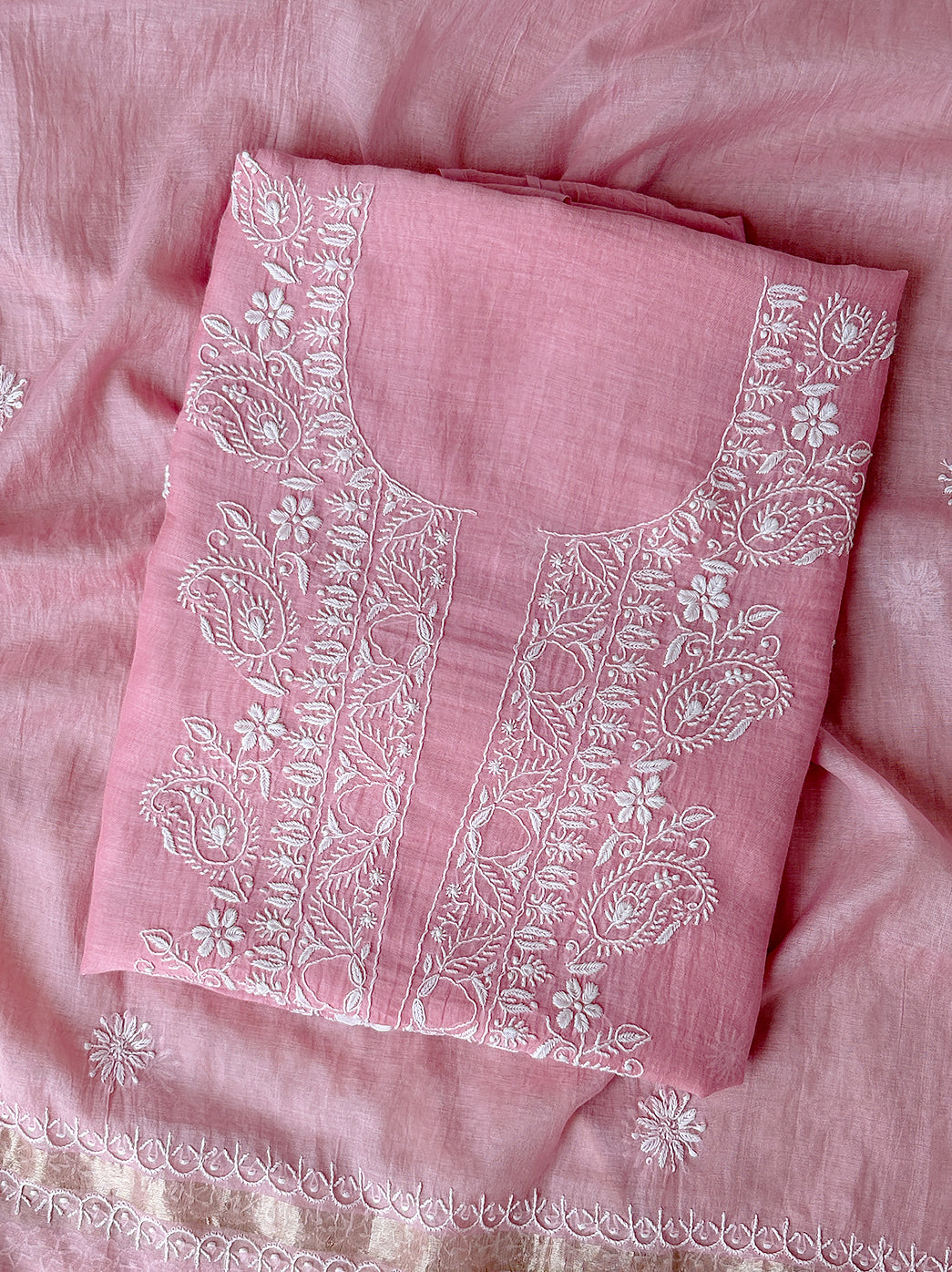Luxurious mul chanderi chikankari dress material unstitched kurti set with handcrafted detailing and lightweight dupatta for elegant occasions