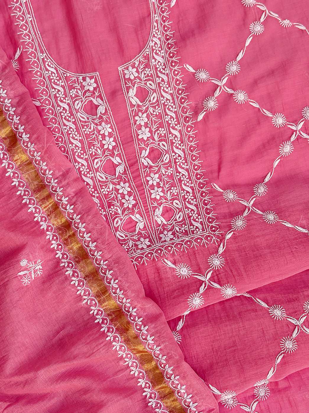 Mul chanderi chikankari kurti material with fine needlework suitable for custom tailoring