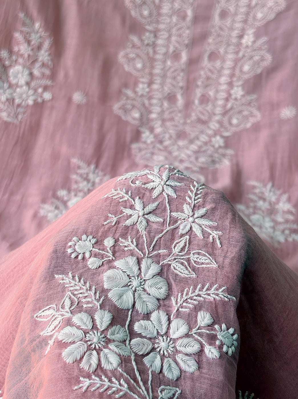 Traditional chikankari embroidered mul chanderi unstitched kurti piece with elegant motifs and matching dupatta for festive and casual looks