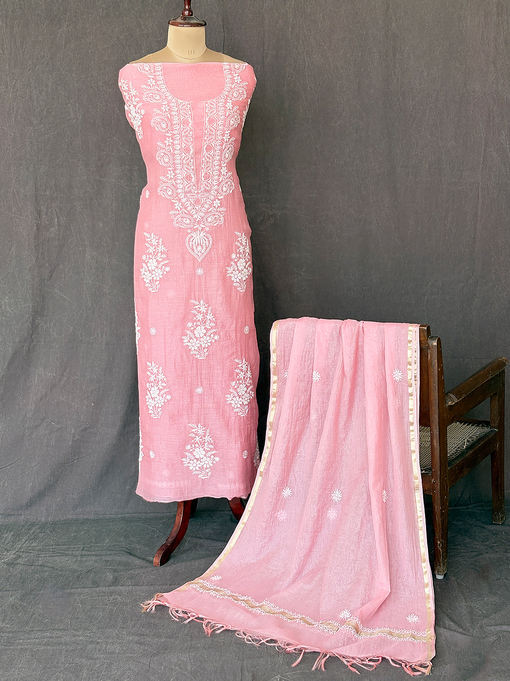Handcrafted chikankari mul chanderi unstitched kurti material with fine embroidery placement and dupatta perfect for custom tailoring