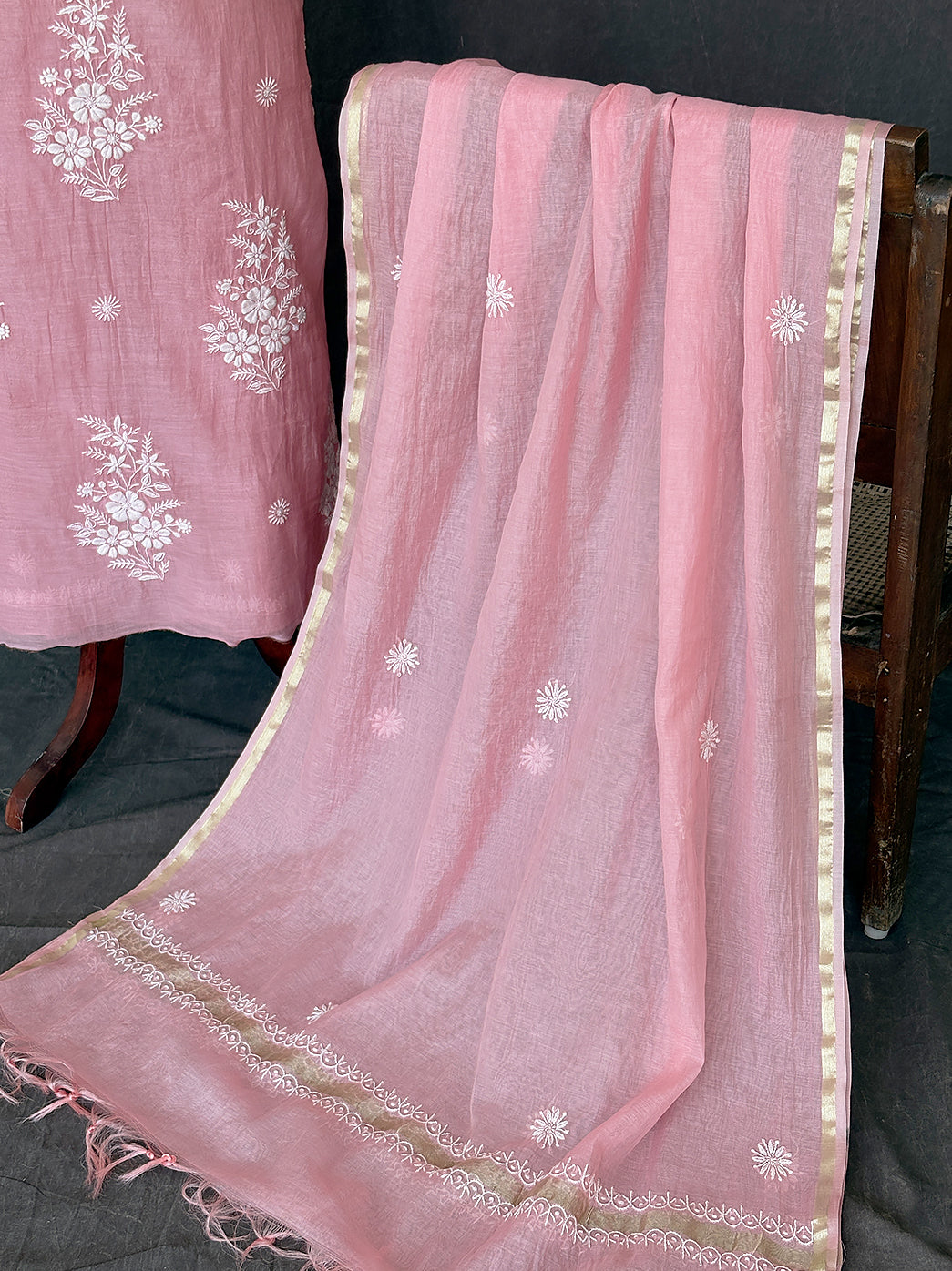 Mul chanderi chikankari unstitched kurti dress material featuring heritage embroidery techniques paired with a soft dupatta