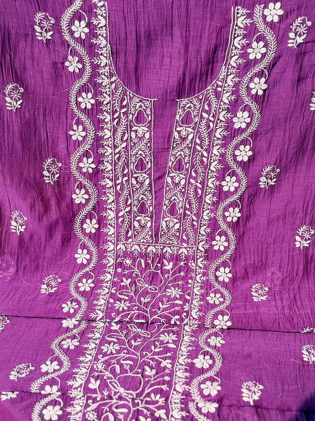 Mul Chanderi unstitched kurti set featuring hand-embroidered details and matching dupatta for ethnic fashion lovers.