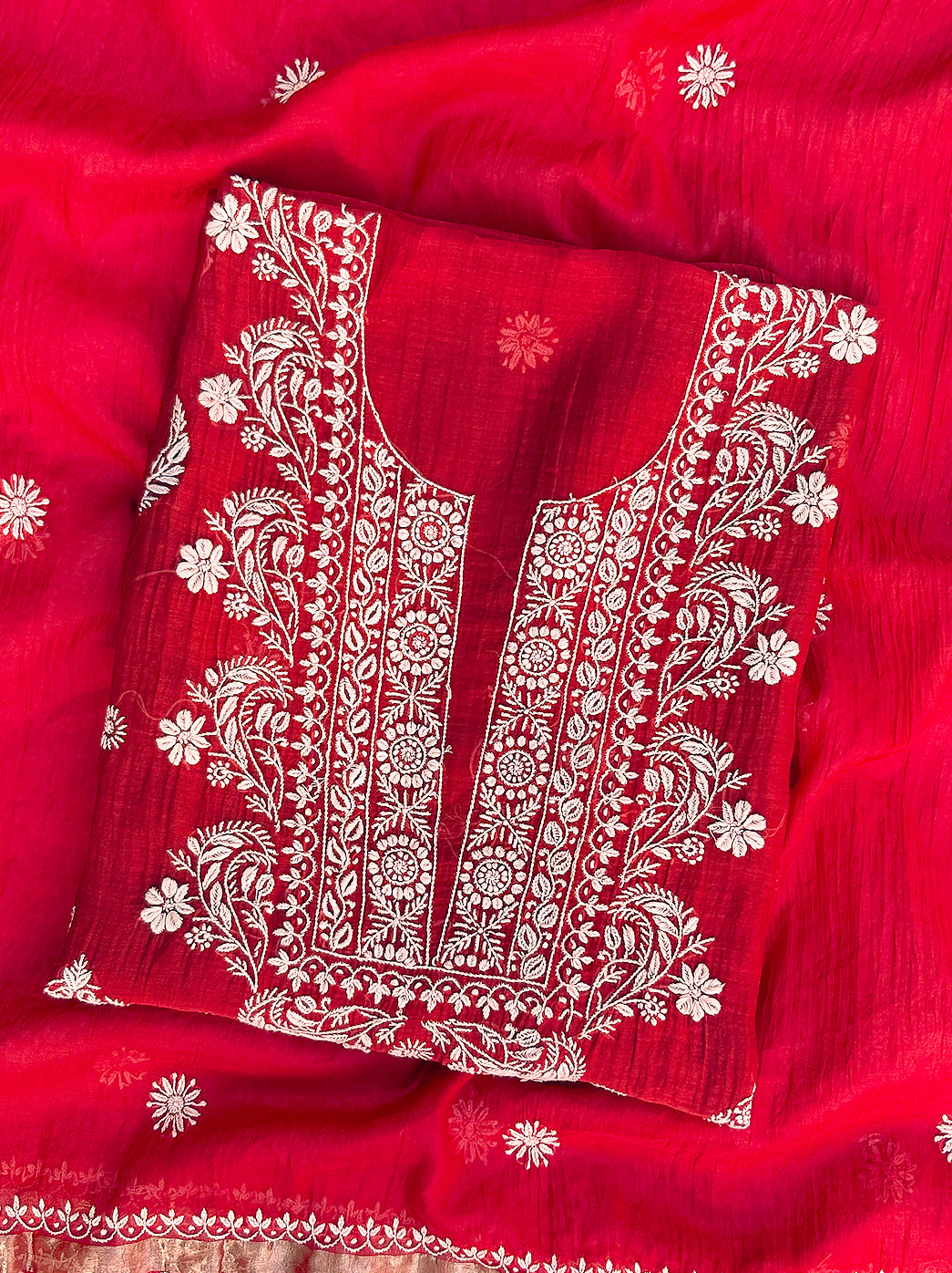 Mul Chanderi unstitched chikankari kurti fabric with intricate hand embroidery and matching dupatta for ethnic wear