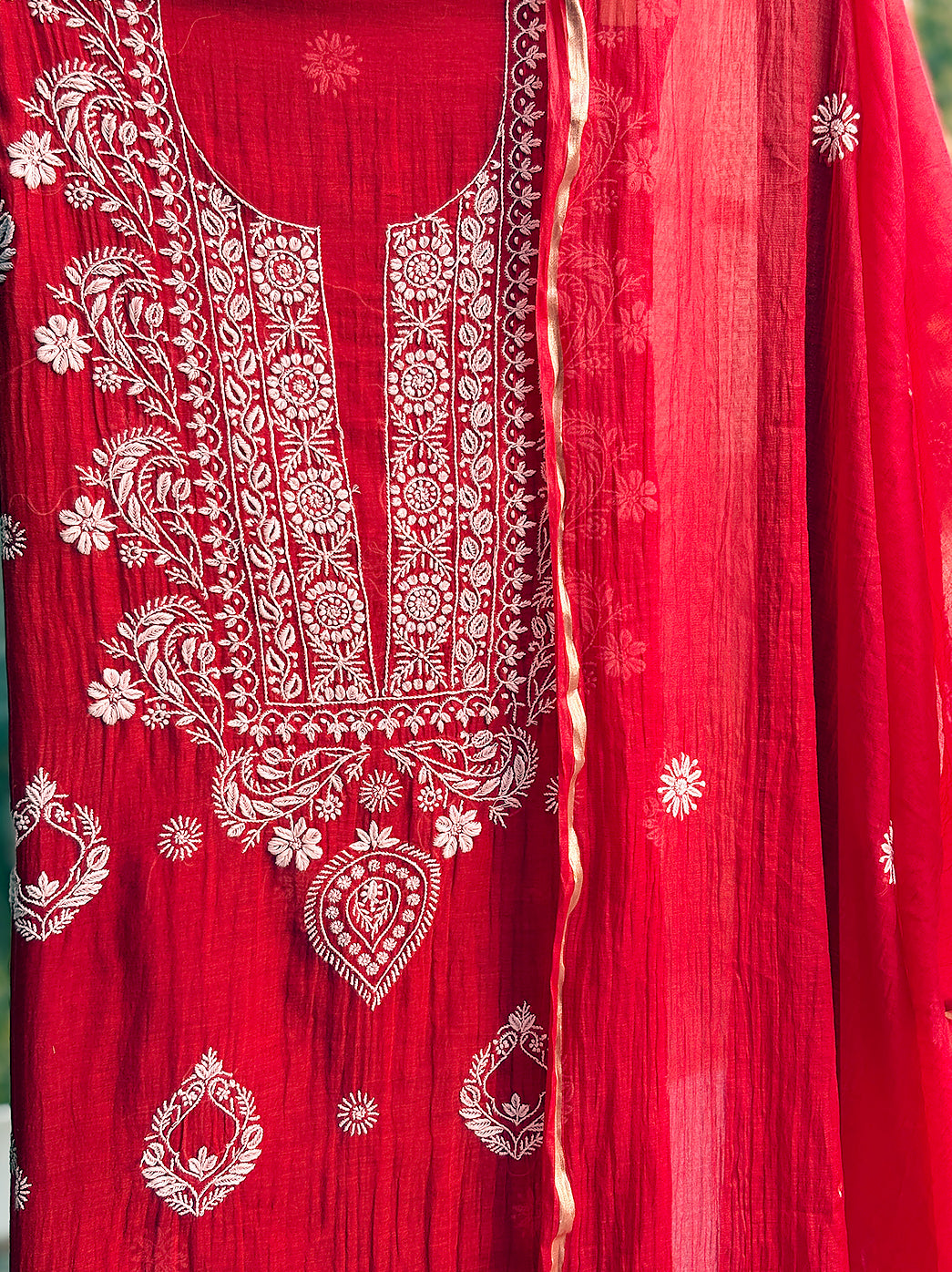 Mul chanderi chikankari kurti material with fine needlework suitable for custom tailoring