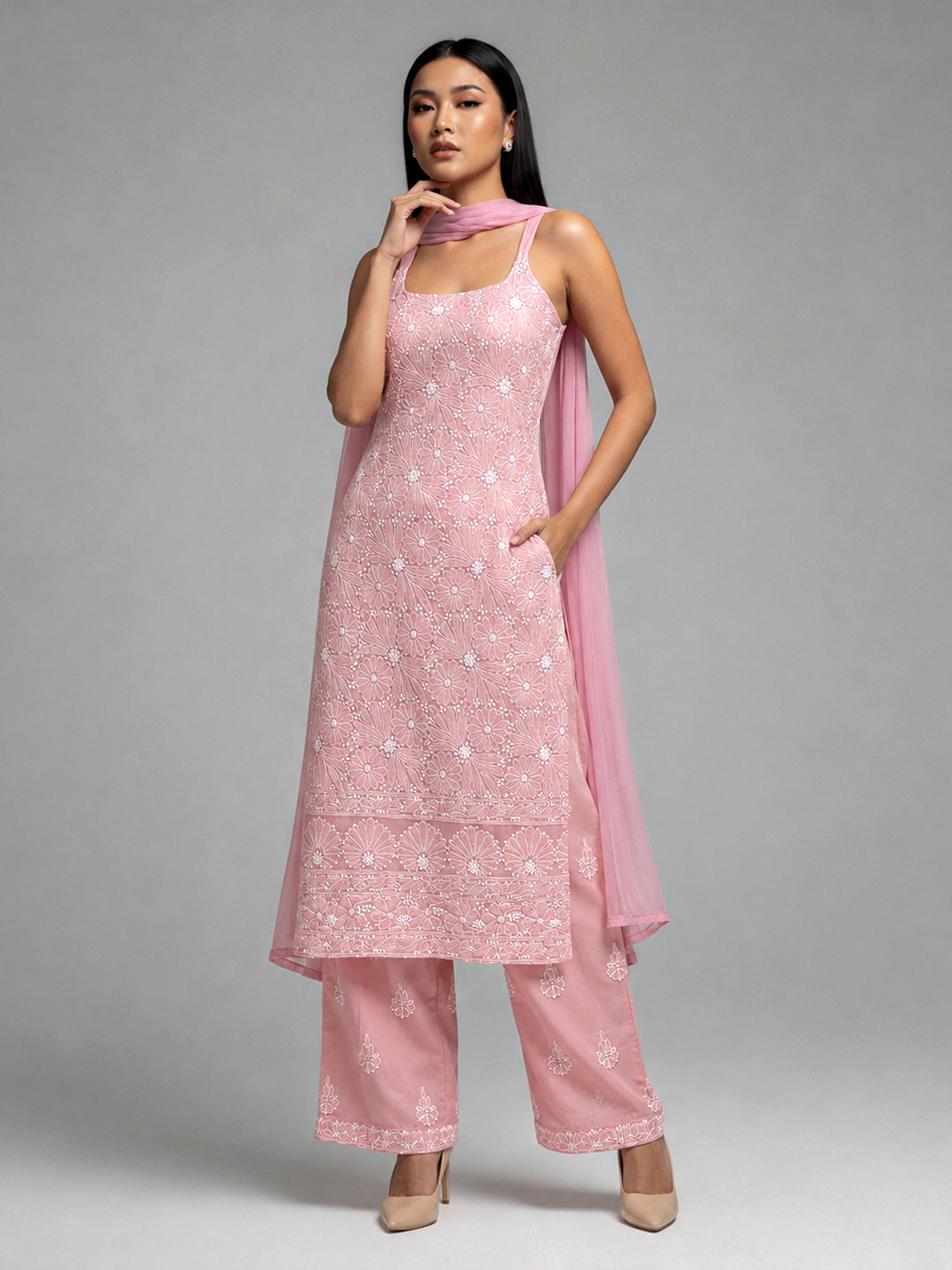 Srinika Cotton Chikankari Strappy Kurta Set - Pink