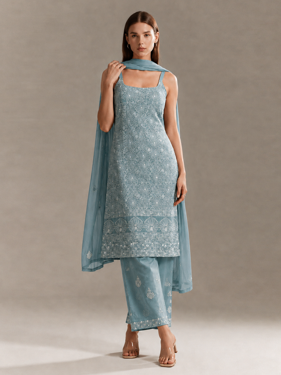 Srinika Cotton Chikankari Strappy Kurta Set - Sea Green