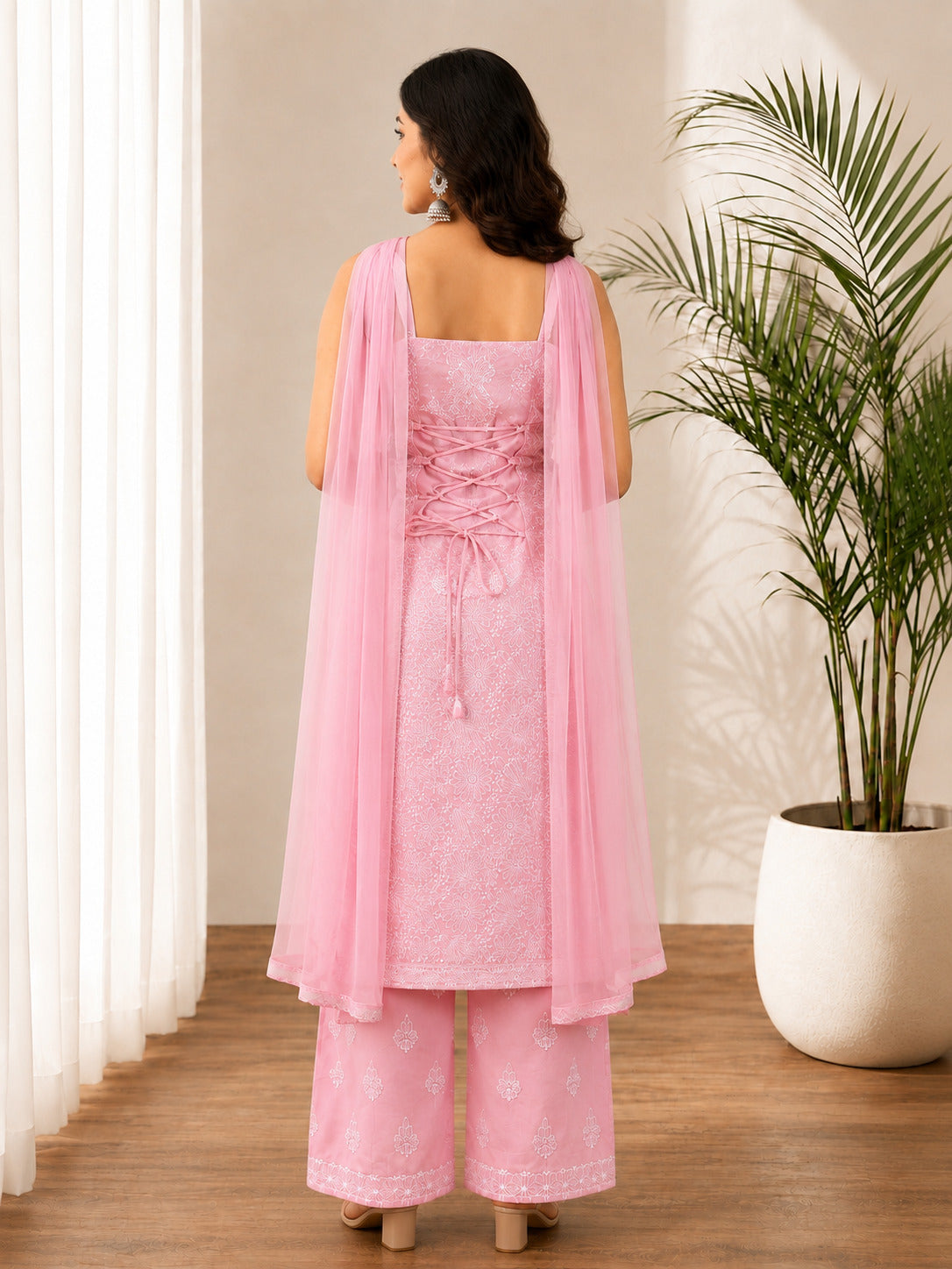 Srinika Cotton Chikankari Strappy Kurta Set - Baby Pink