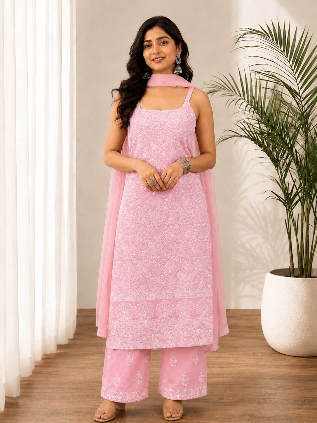 Srinika Cotton Chikankari Strappy Kurta Set - Baby Pink