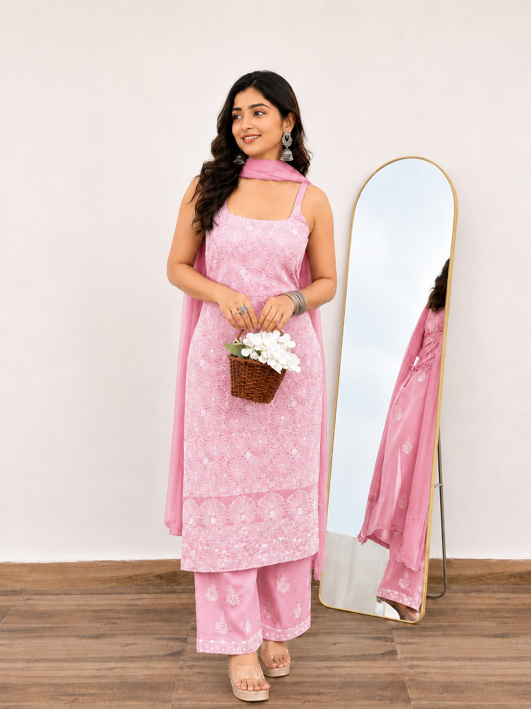 Srinika Cotton Chikankari Strappy Kurta Set - Baby Pink
