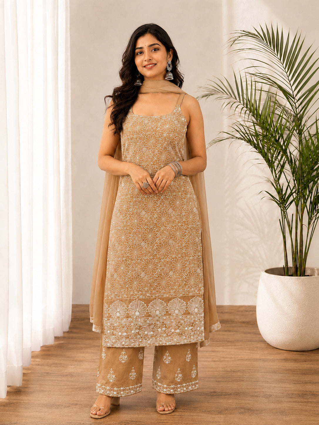 Srinika Cotton Chikankari Strappy Kurta Set - Brown