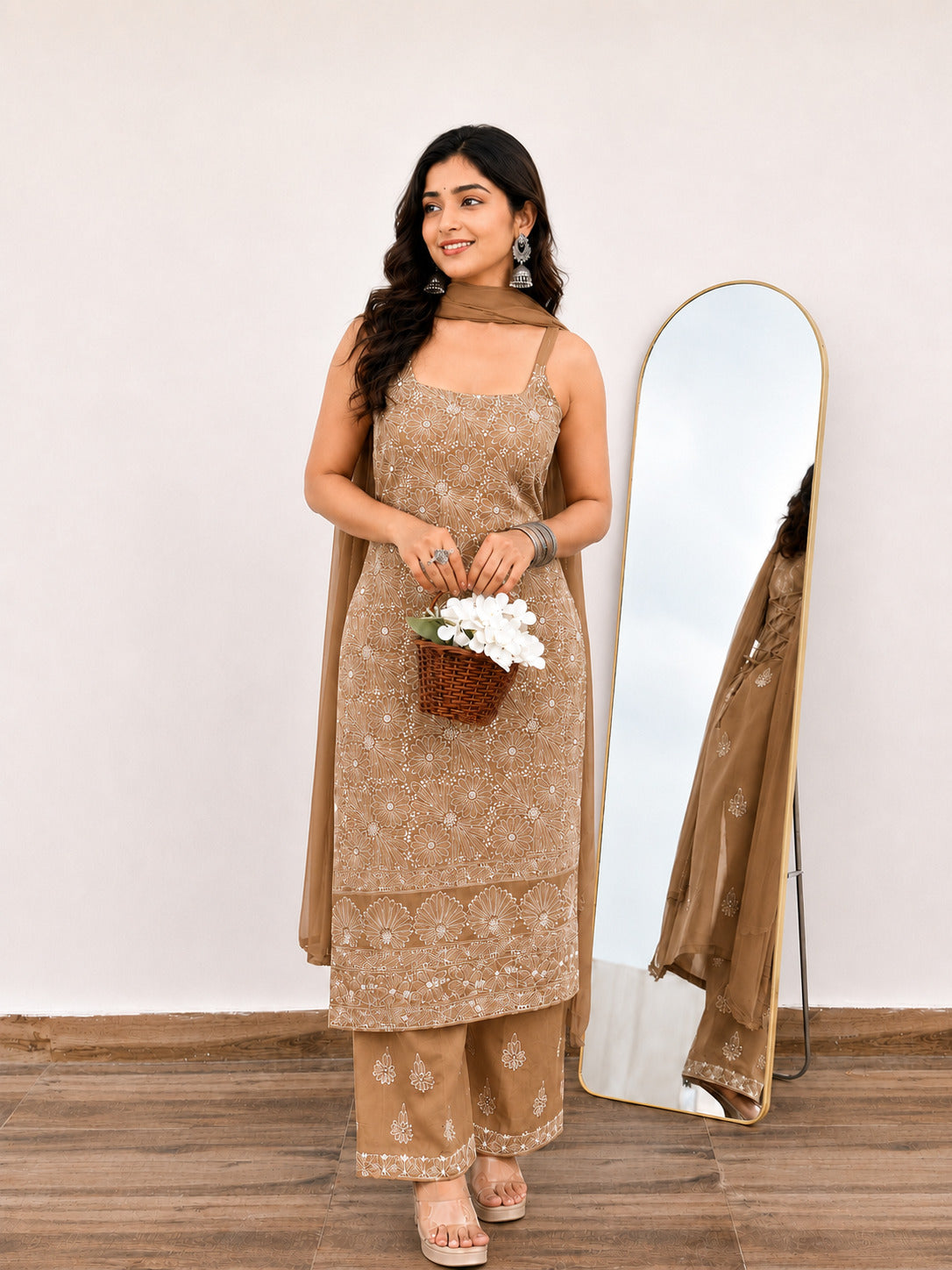 Srinika Cotton Chikankari Strappy Kurta Set - Brown