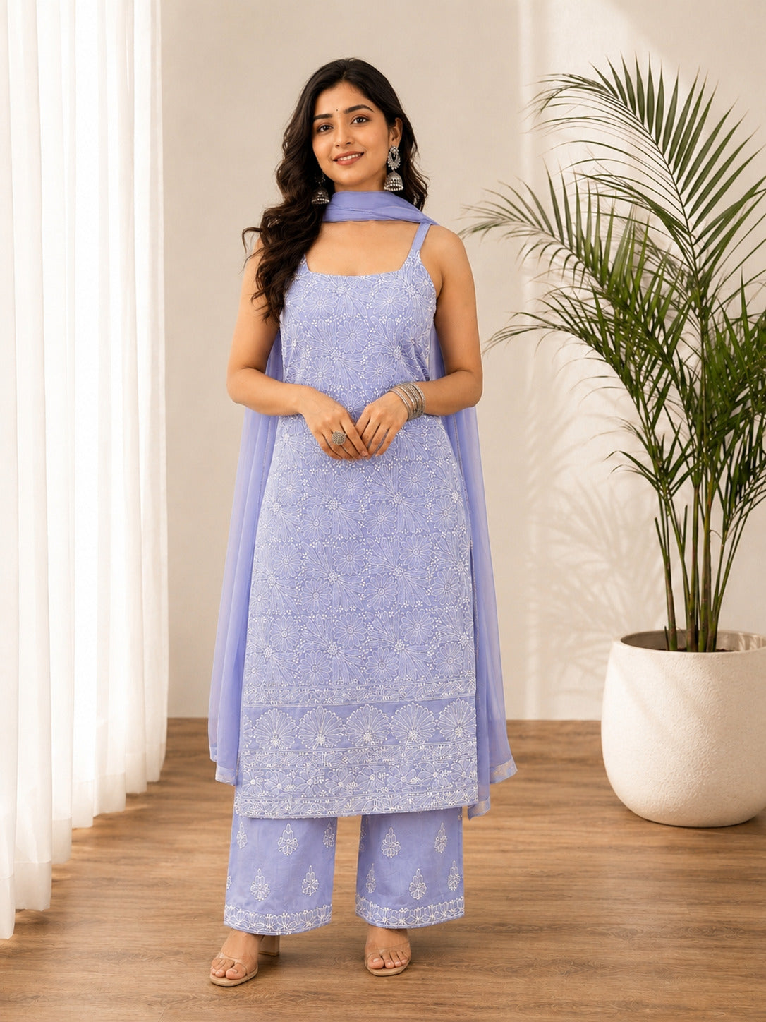 Srinika Cotton Chikankari Strappy Kurta Set - Lavender
