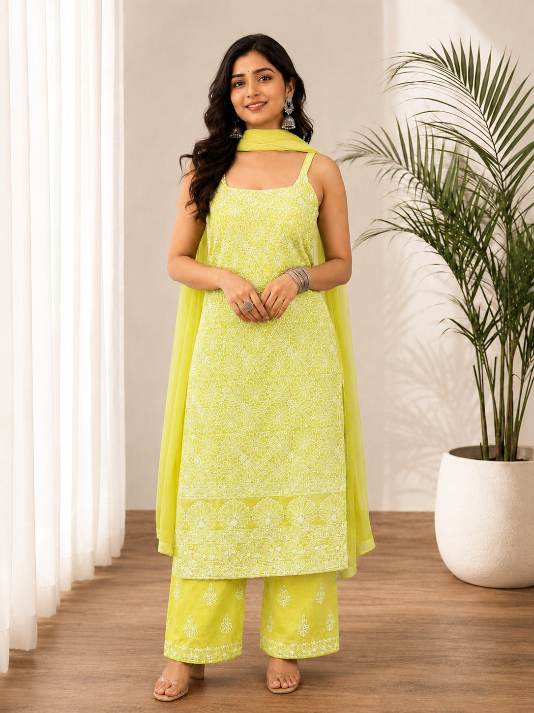 Srinika Cotton Chikankari Strappy Kurta Set - Lime Green