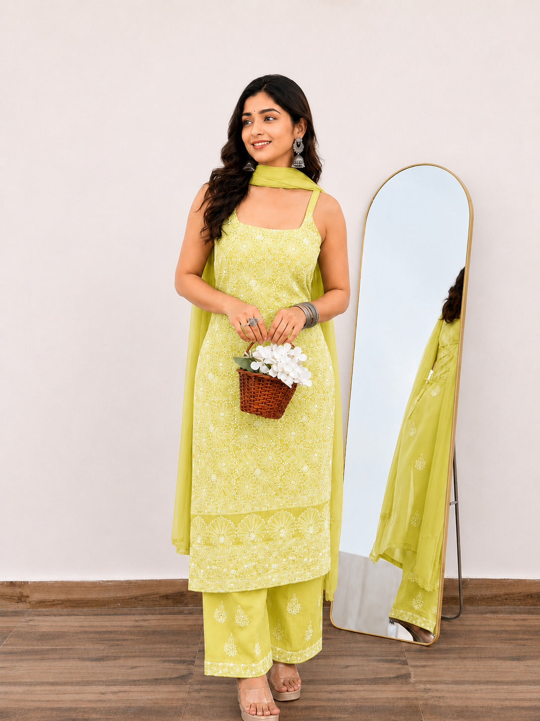 Srinika Cotton Chikankari Strappy Kurta Set - Lime Green