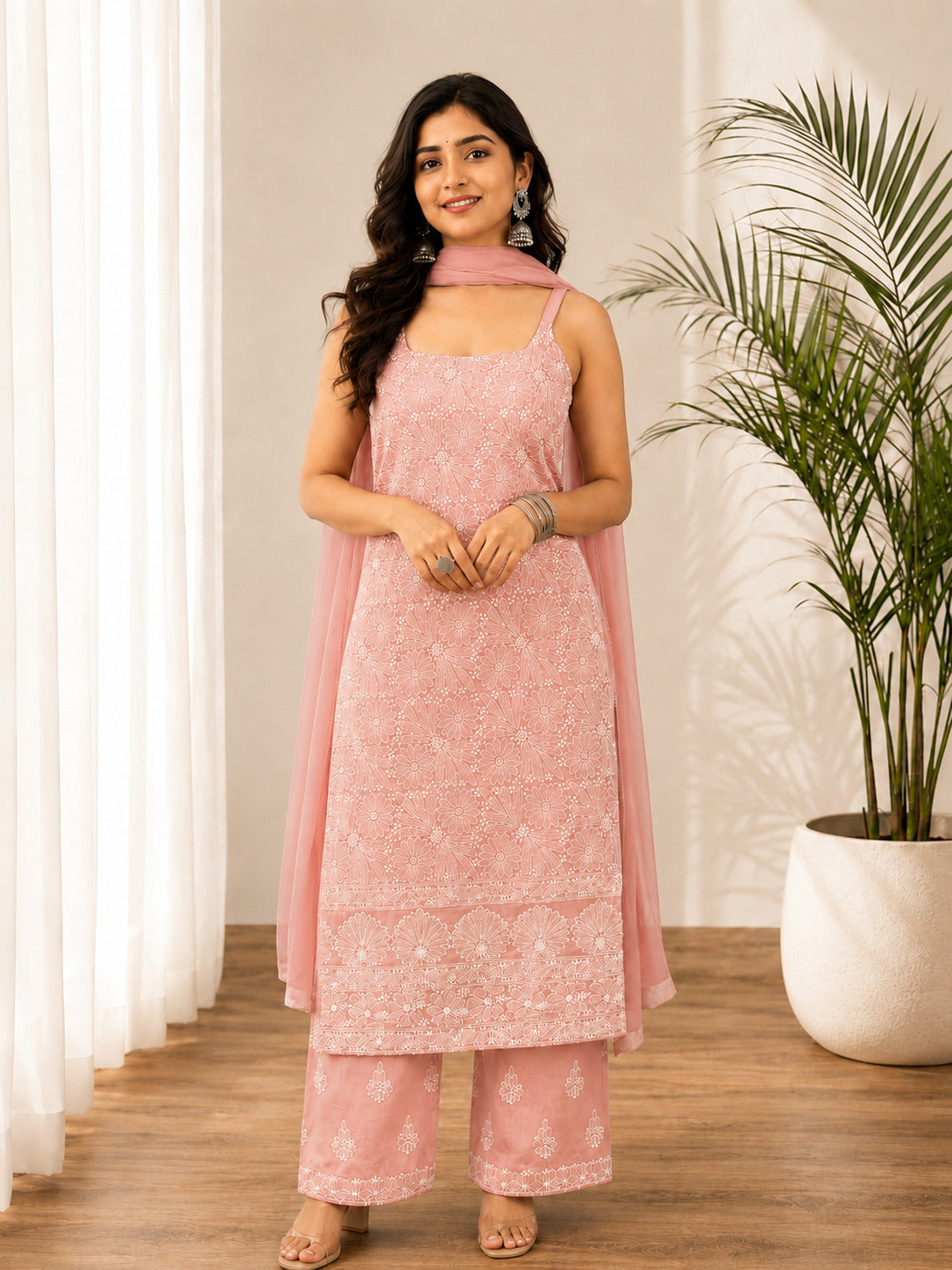 Srinika Cotton Chikankari Strappy Kurta Set - Peach