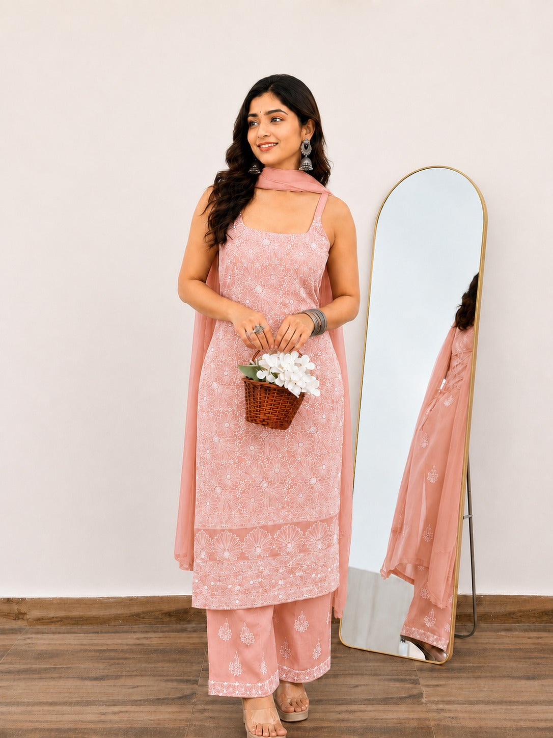 Srinika Cotton Chikankari Strappy Kurta Set - Peach