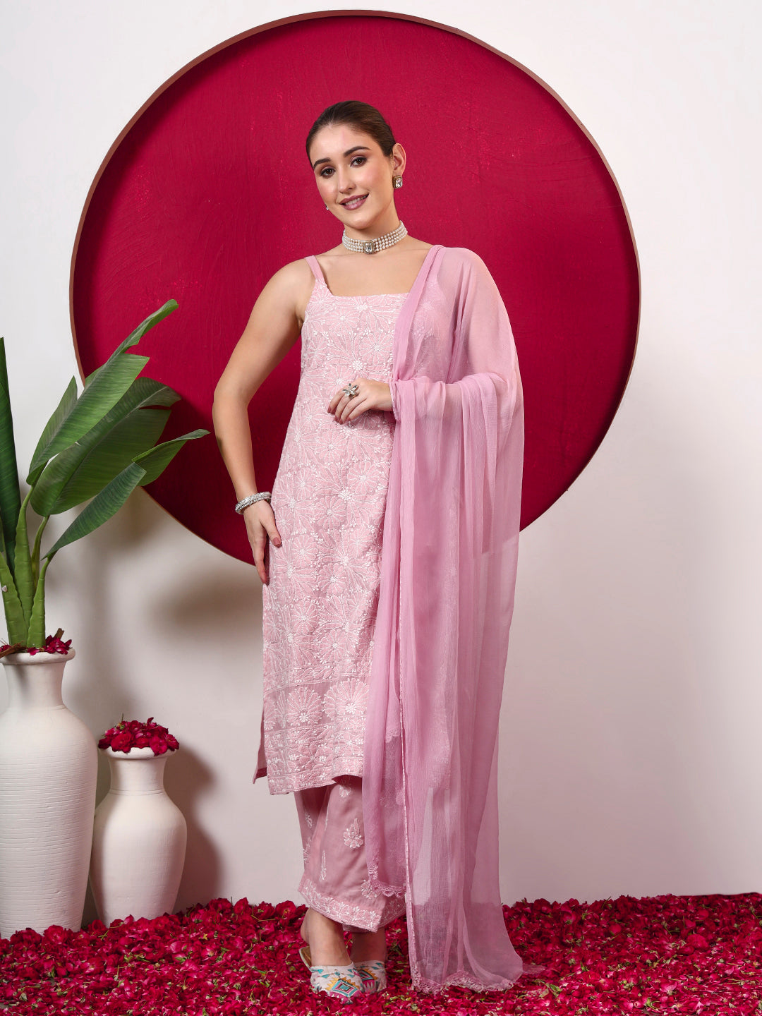 Srinika Cotton Chikankari Strappy Kurta Set - Pink