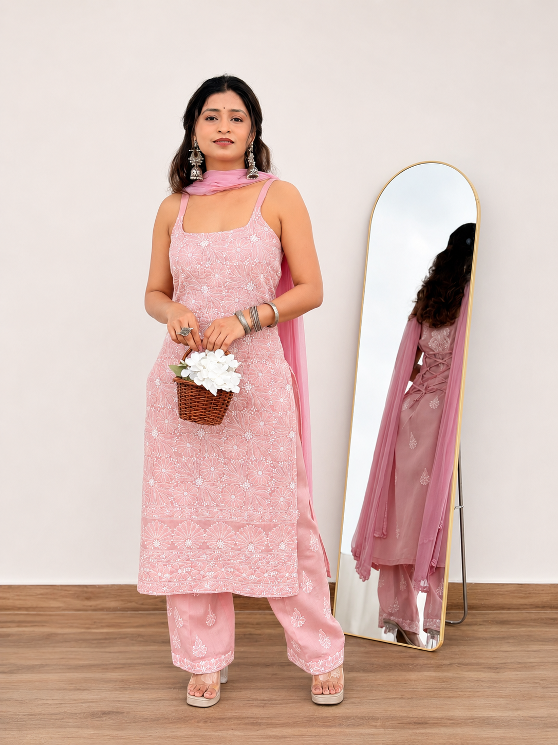 Srinika Cotton Chikankari Strappy Kurta Set - Pink
