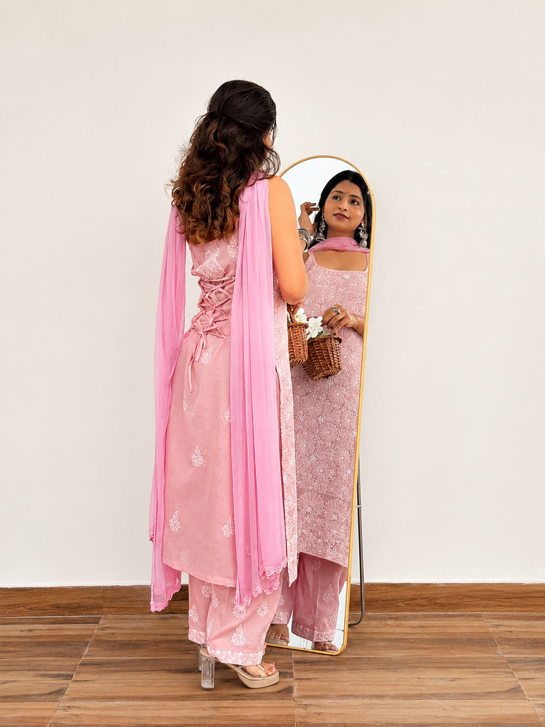 Srinika Cotton Chikankari Strappy Kurta Set - Pink