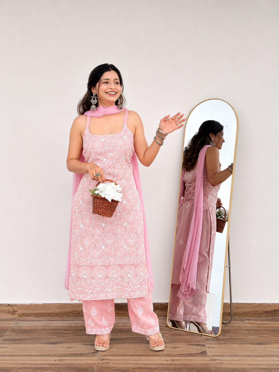 Srinika Cotton Chikankari Strappy Kurta Set - Pink
