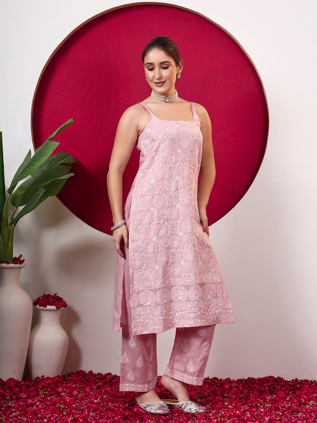 Srinika Cotton Chikankari Strappy Kurta Set - Pink