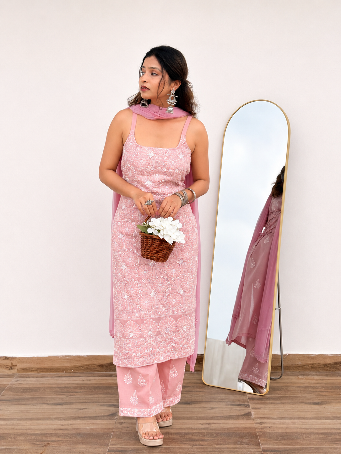 Srinika Cotton Chikankari Strappy Kurta Set - Pink