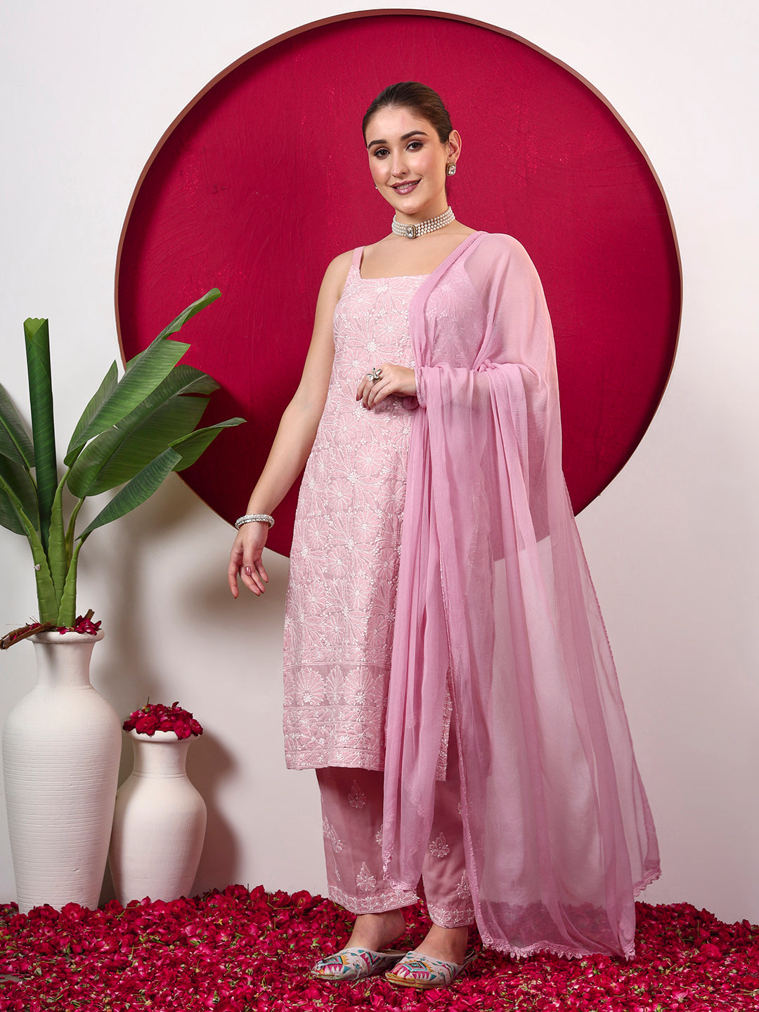 Srinika Cotton Chikankari Strappy Kurta Set - Pink
