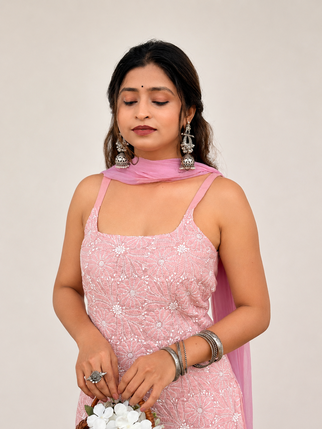 Srinika Cotton Chikankari Strappy Kurta Set - Pink