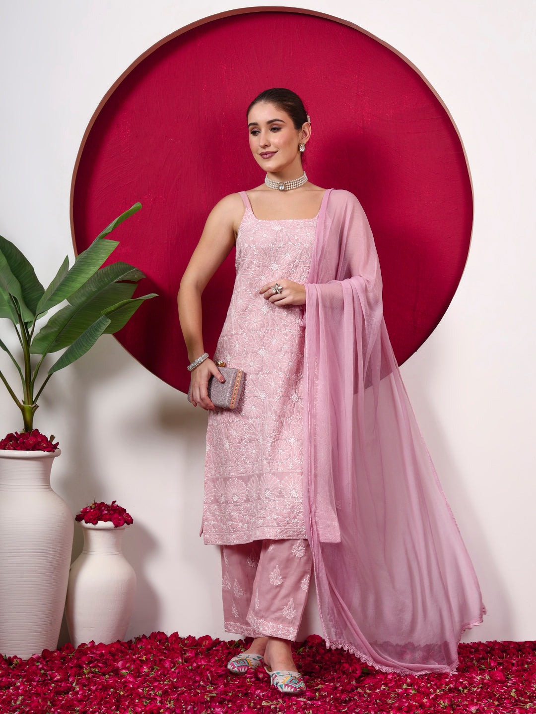 Srinika Cotton Chikankari Strappy Kurta Set - Pink