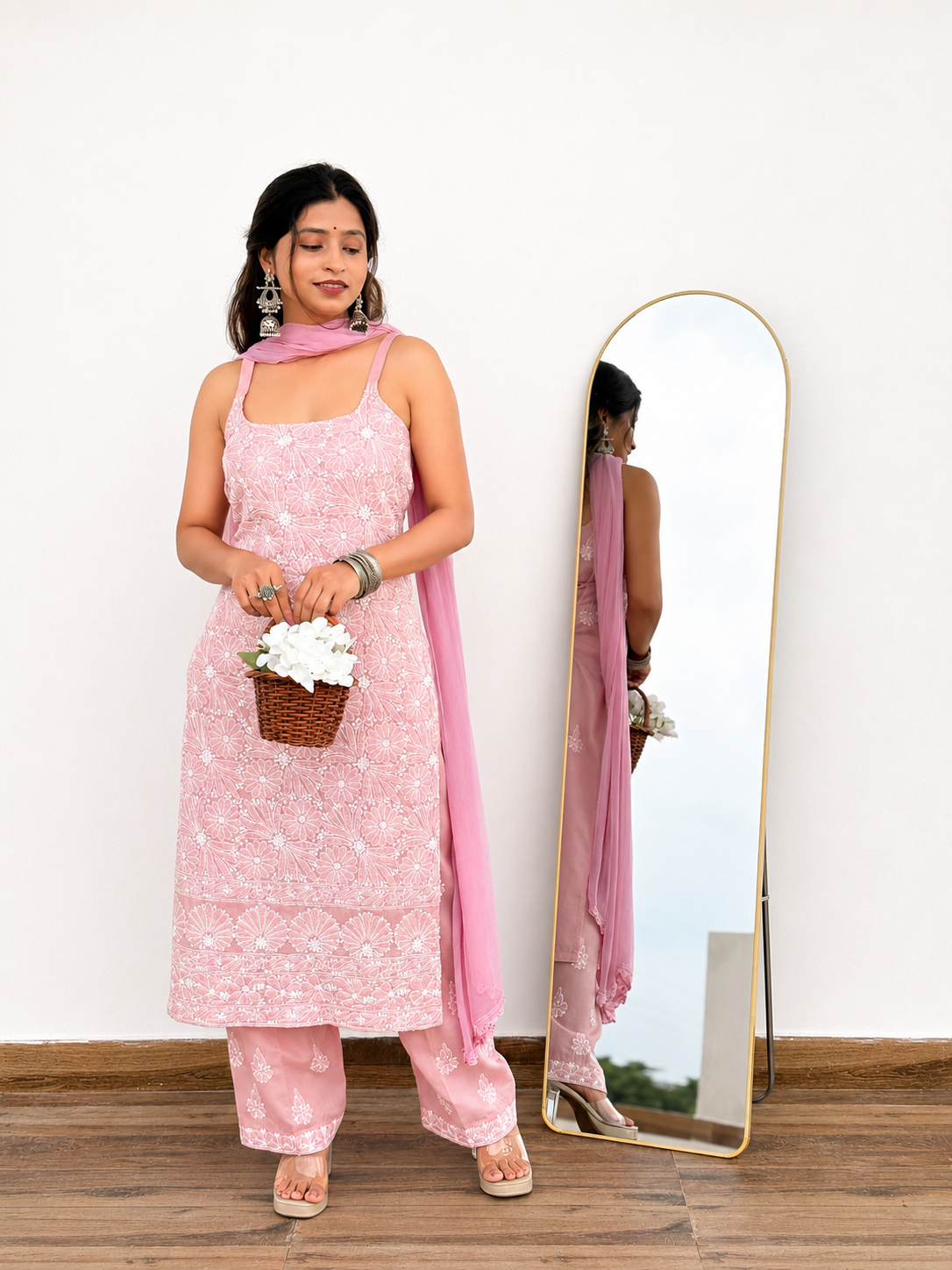 Srinika Cotton Chikankari Strappy Kurta Set - Pink
