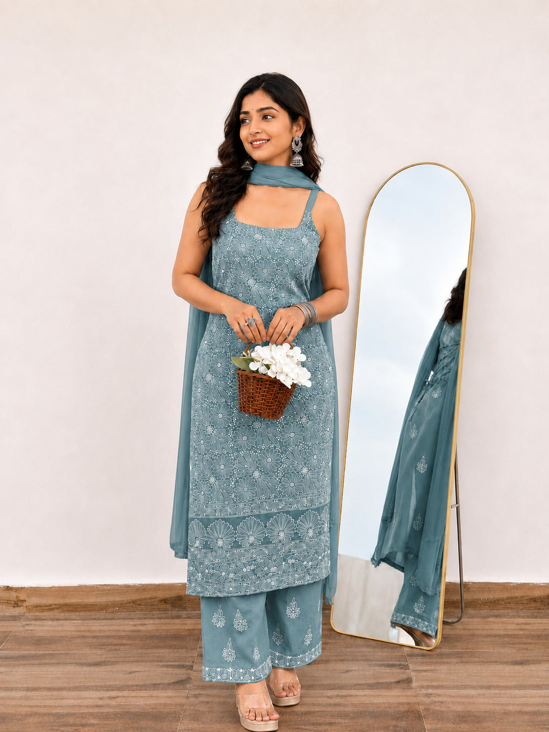 Srinika Cotton Chikankari Strappy Kurta Set - Sea Green