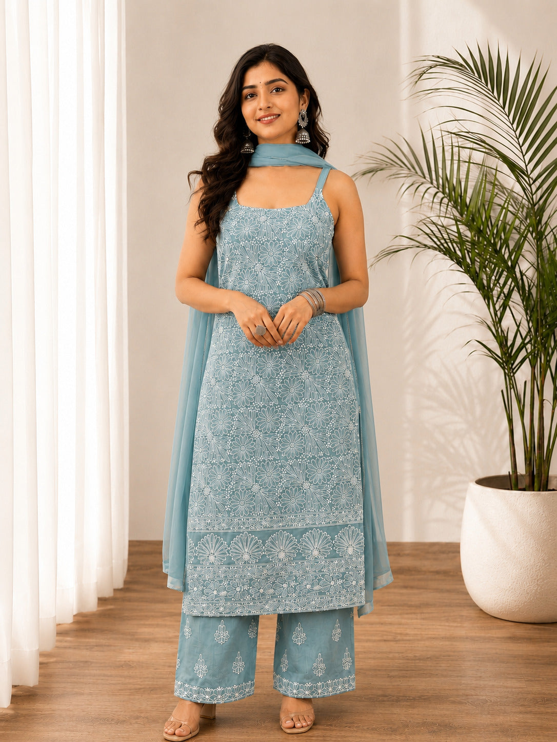 Srinika Cotton Chikankari Strappy Kurta Set - Sea Green