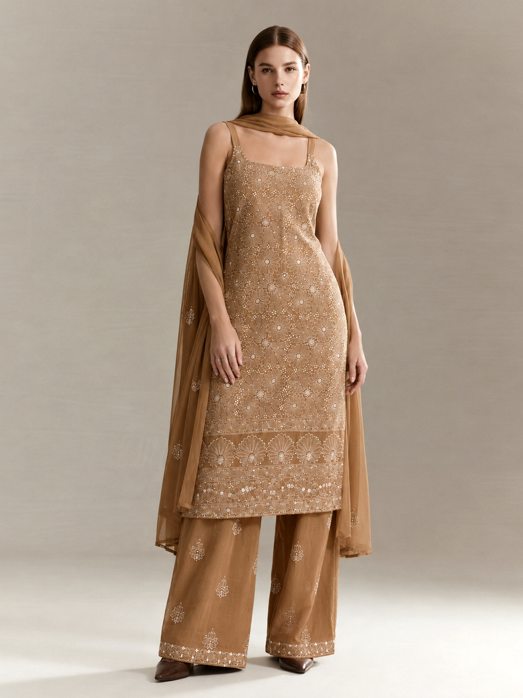 Srinika Cotton Chikankari Strappy Kurta Set - Brown