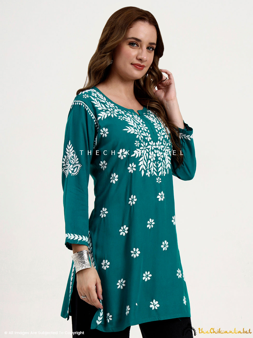 Modal short kurti style top with chikankari motifs for stylish ethnic wear.