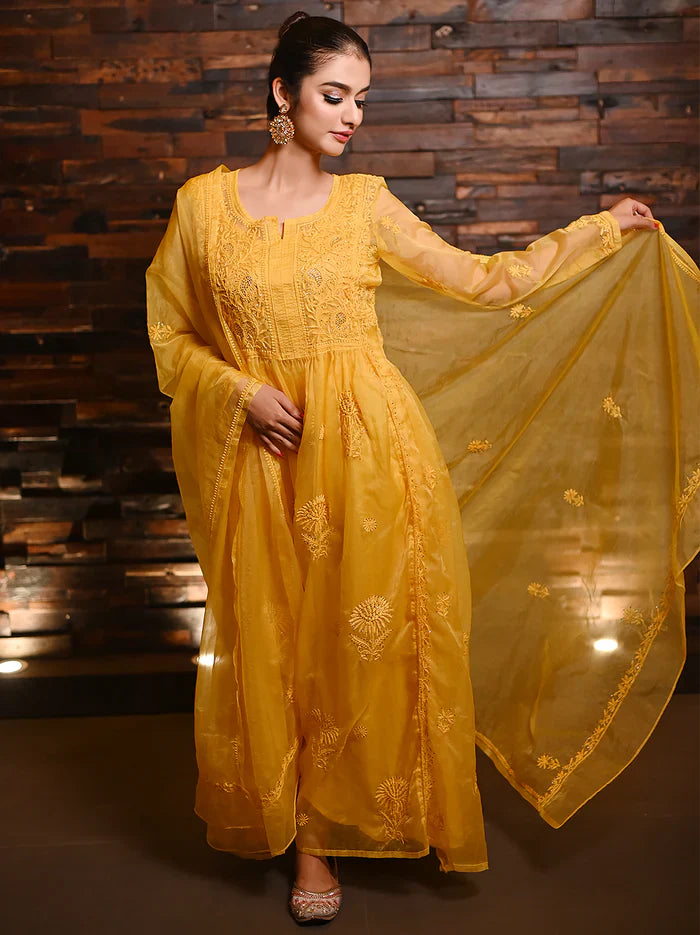 Ahilya Organza Chikankari Kurta Set - Yellow