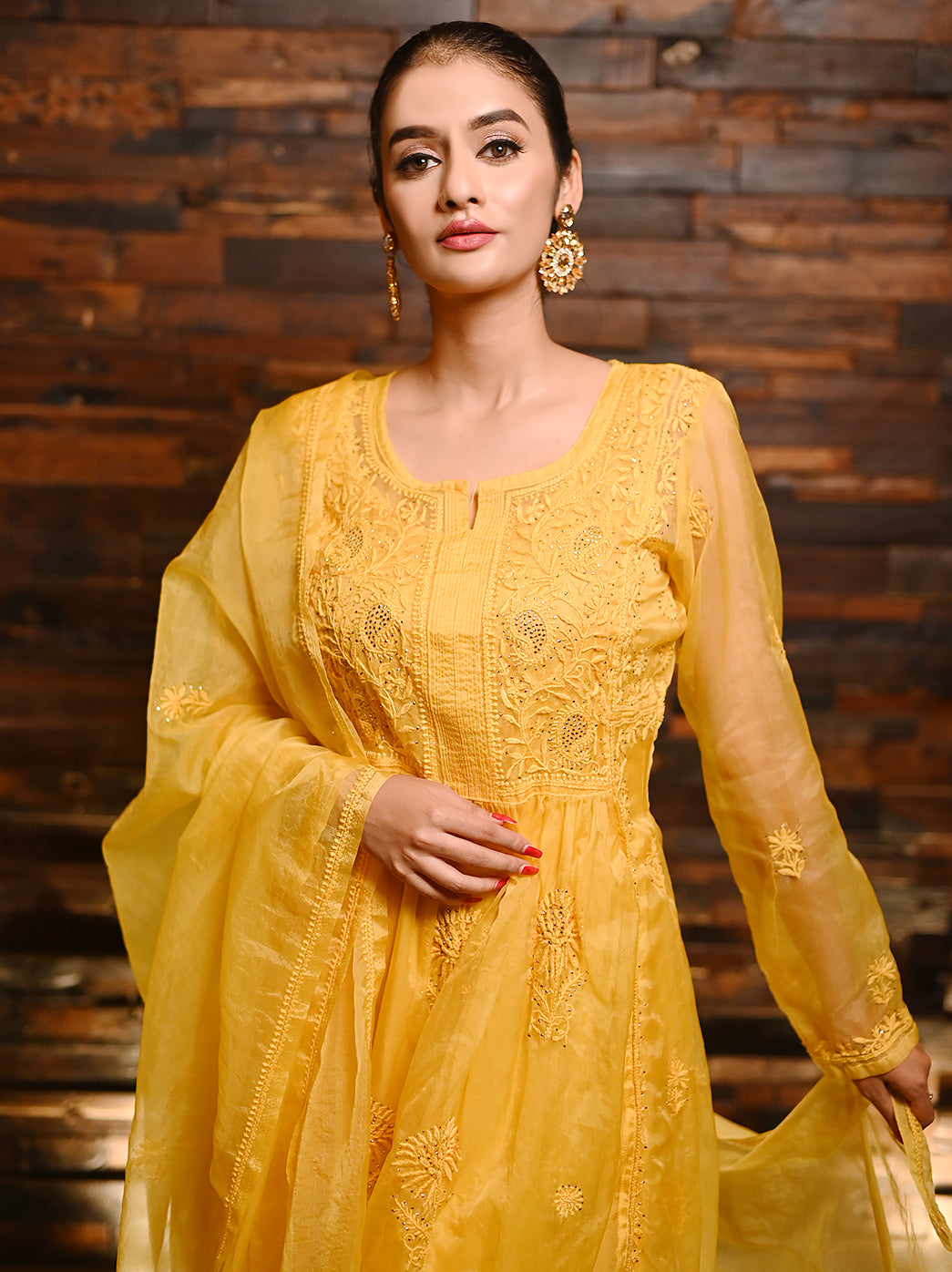 Yellow Ahilya Organza Chikankari A-Line Kurta Set with Dupatta