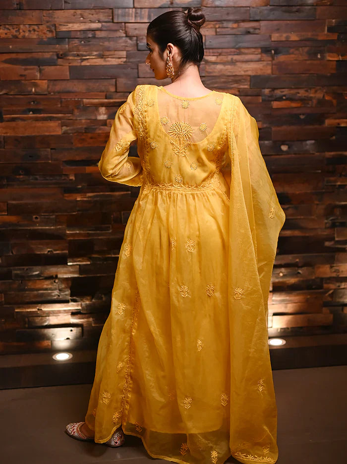 Ahilya Organza Chikankari Kurta Set - Yellow