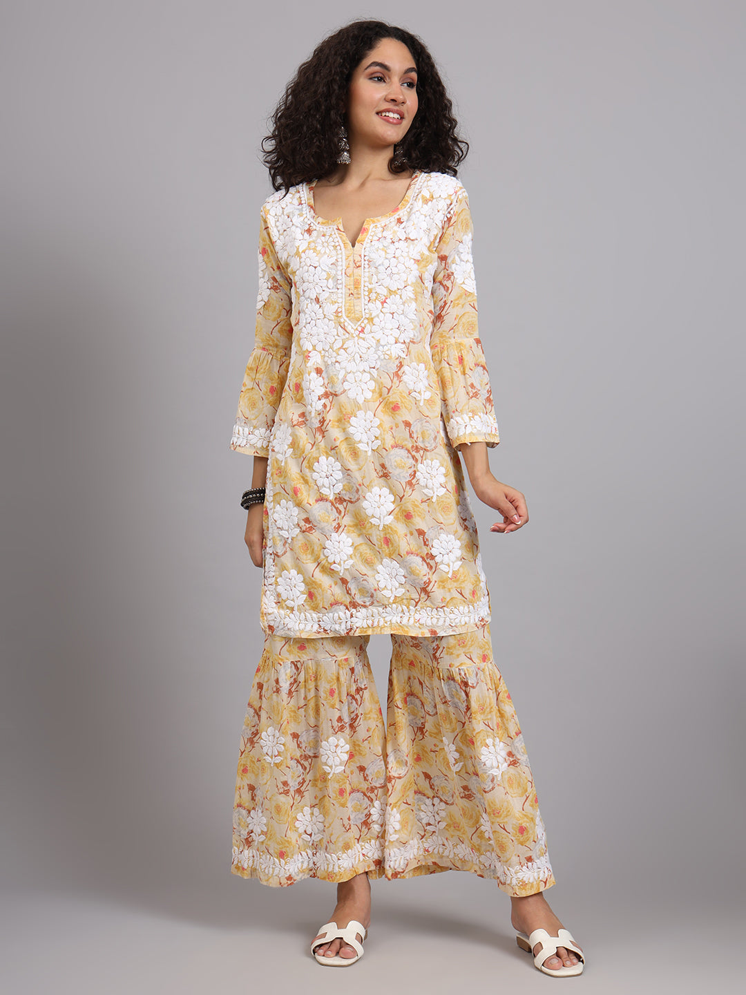 Yellow Tarz Mulmul Cotton Chikankari Kurta Garara Set