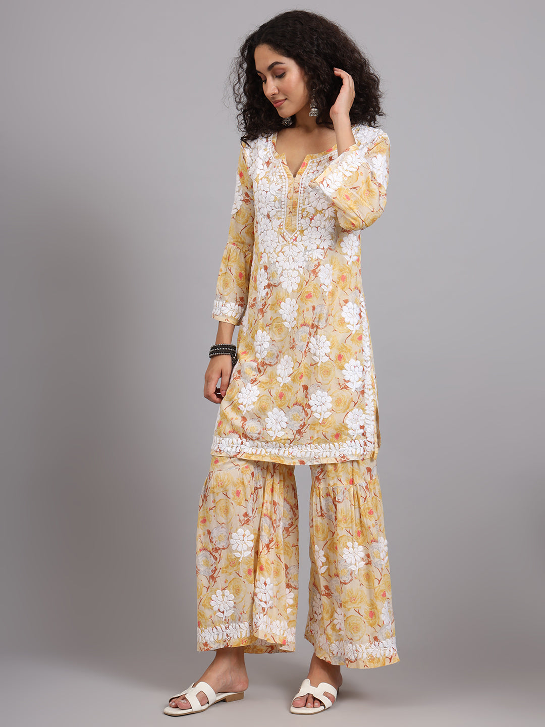 Yellow Tarz Mulmul Cotton Chikankari Kurta Garara Set