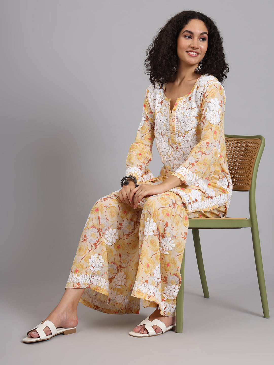 Yellow Tarz Mulmul Cotton Chikankari Kurta Garara Set