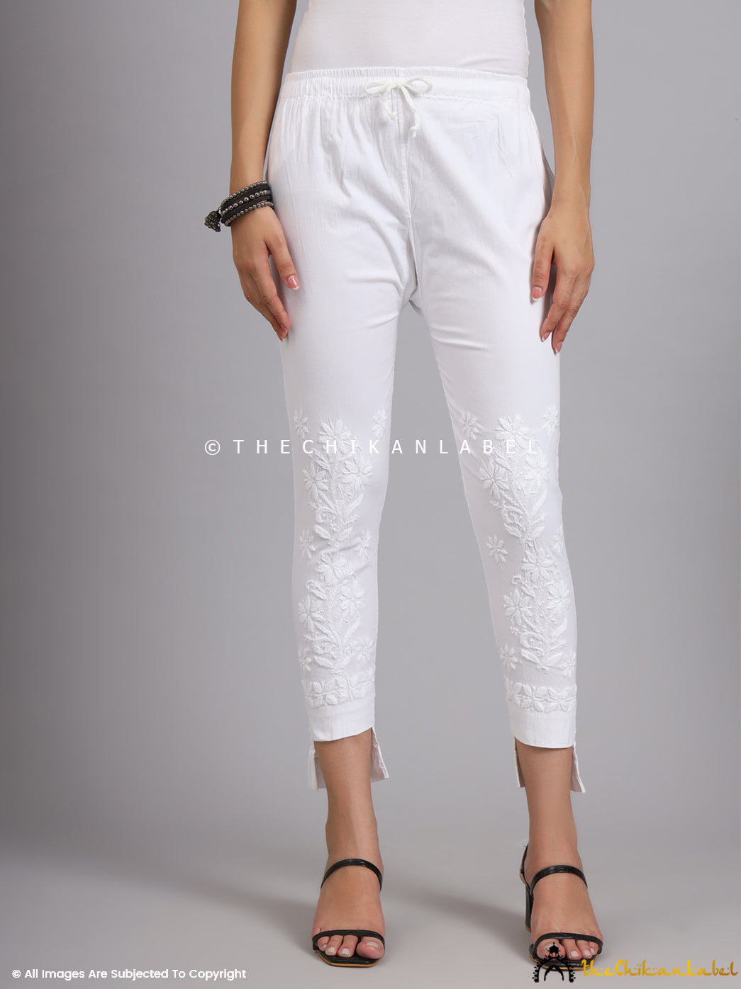 White Nahira Lycra Straight Chikankari Cigarette Pant