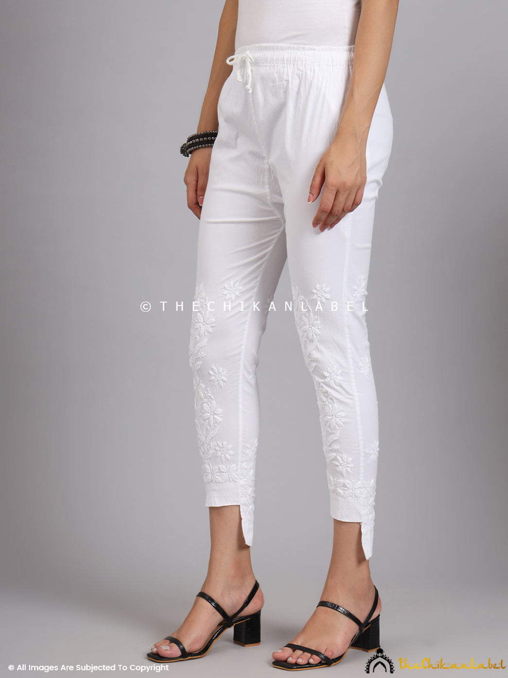 White Nahira Lycra Straight Chikankari Cigarette Pant